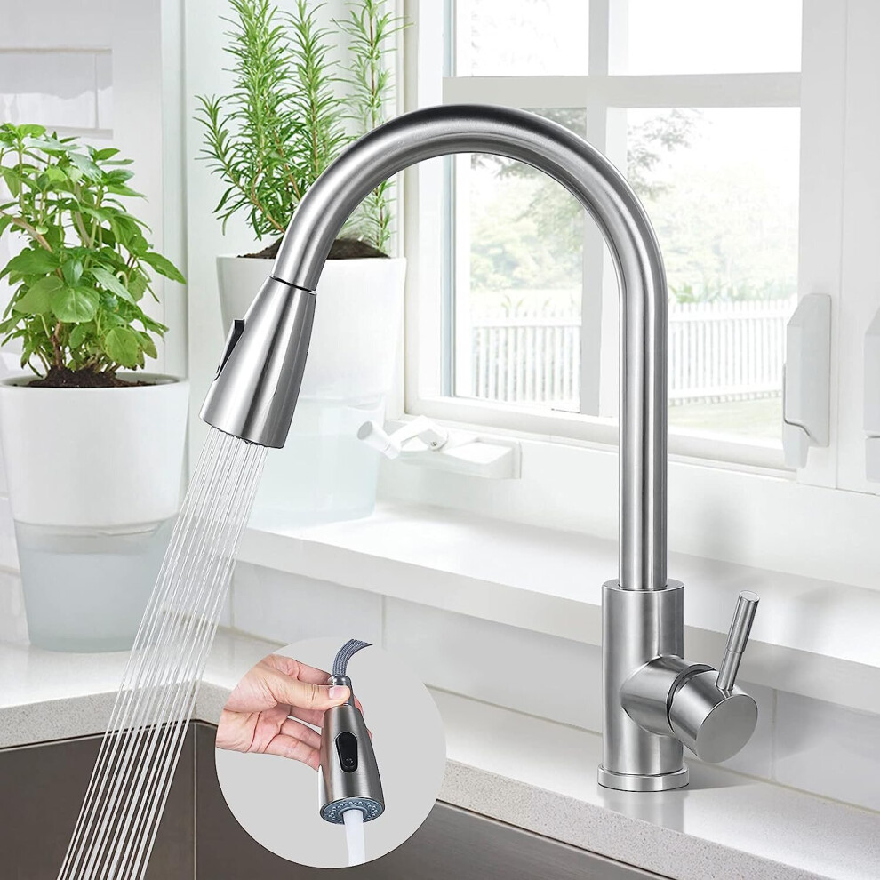 Kitchen Faucet, 304 Stainless Steel Single Lever Sink Faucet, 360 Rotating Sink Faucet With Pull-Out Spray