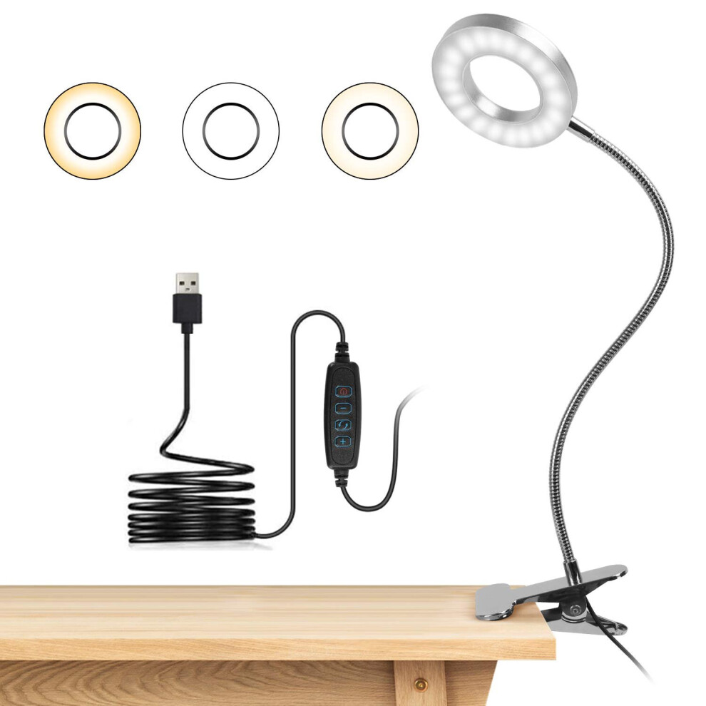 Clip-on LED Desk Lamp 360 Flexible Clip-on Reading Lamp 3 Light Modes and USB Desk Lamp for Study and Work, Silver