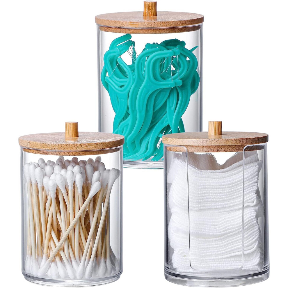 3PCS Cotton Pad Holder with Bamboo Lid for Bathroom Storage, Acrylic Cotton Swab Dispenser, Clear Round Cotton Wool Bud Jar for Vanity