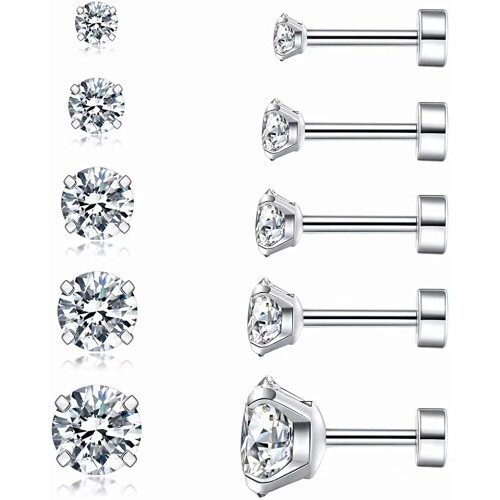 Cubic Zirconia Hypoallergenic Stud Earrings for Women Men Girls Statement Cartilage Fashion Surgical Steel Helix Earrings 5 Pairs