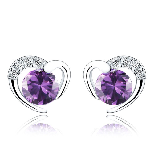 Silver Stud Earrings for Women, Stud Earrings White Gold Purple Cubic Zirconia Heart Studs?Dainty Earrings Jewellery Gifts for Girls