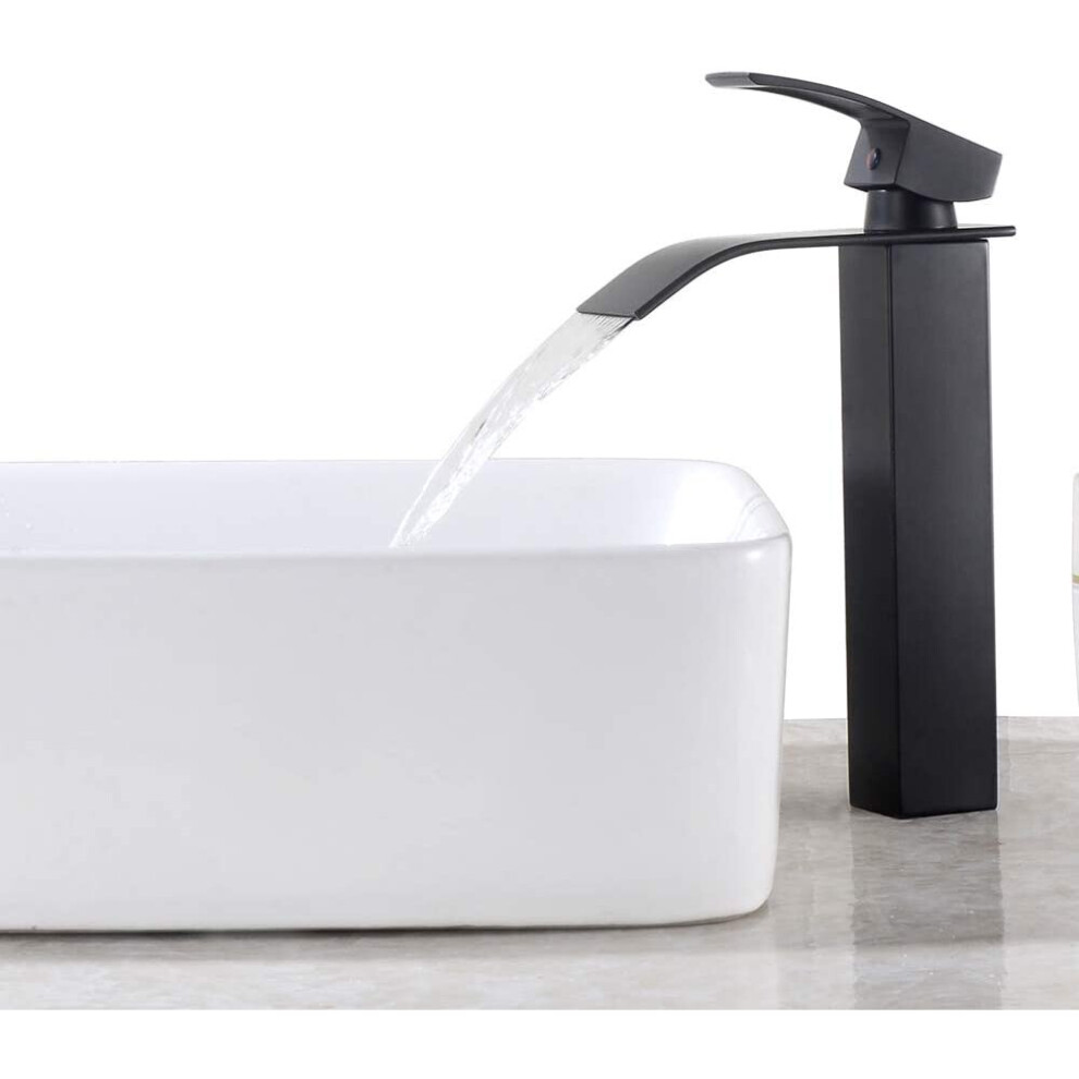Black Waterfall Bathroom Mixer Tap, Square Brass Basin Mixer Tap, Hot And Cold Countertop Basin Mixer Tall Faucet