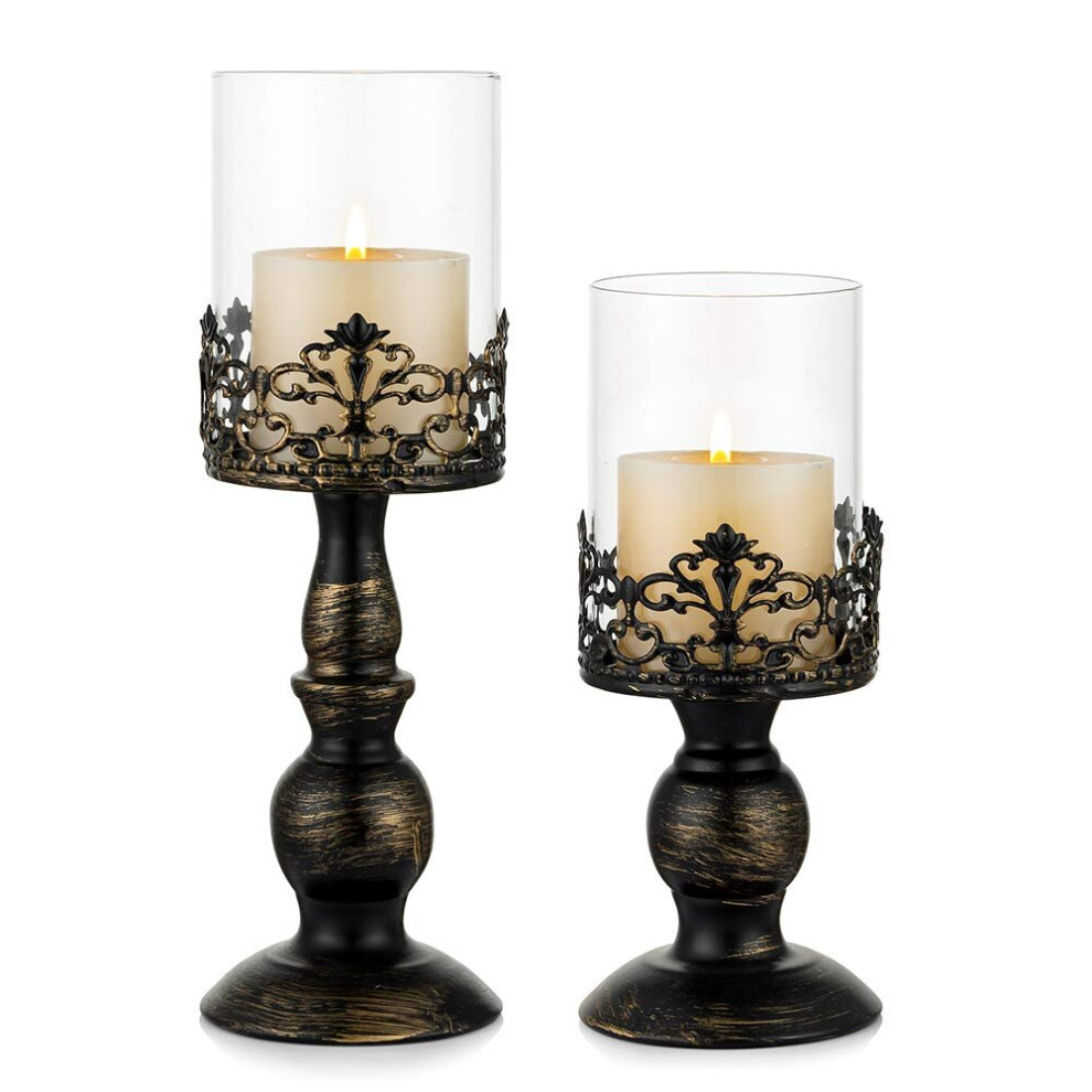 2 Pieces Vintage Aged Black Hurricane Candelabra With Multifunctional Glass Base For Wedding Party Decoration (Big And Small)