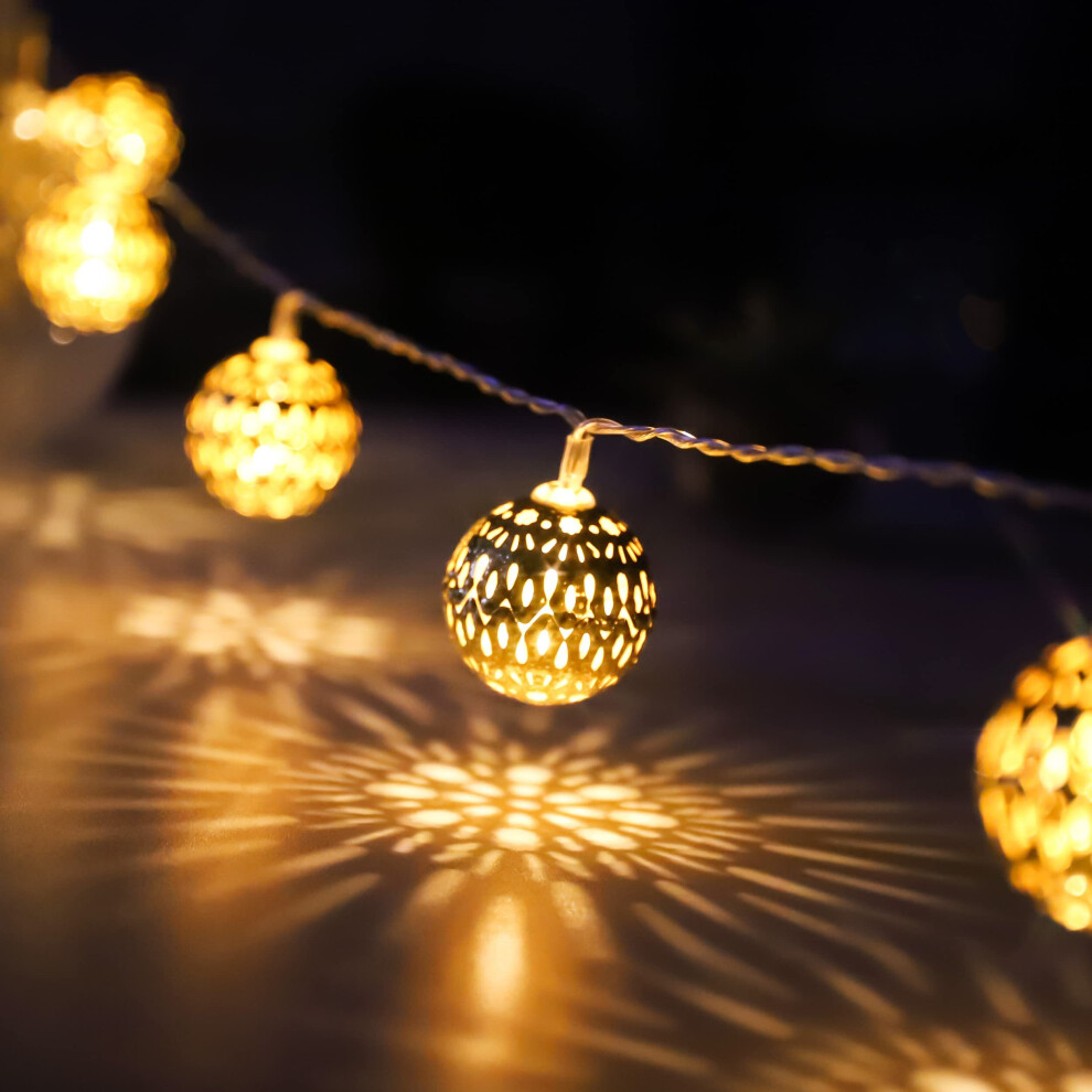 LED Globe String Lights, 20 Gold Metal Balls with Pattern, for Wedding, Holiday, Christmas, Indoor, Outdoor,  with Timer, 3 Meters, Extendable