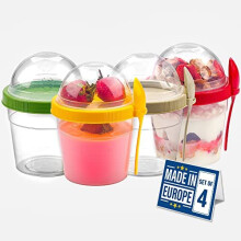cRYSTALIA Yogurt Parfait cups with Lids, Mini Breakfast On the go Plastic Bowls with Topping cereal Oatmeal or Fruit container with Spoon for Lunch S