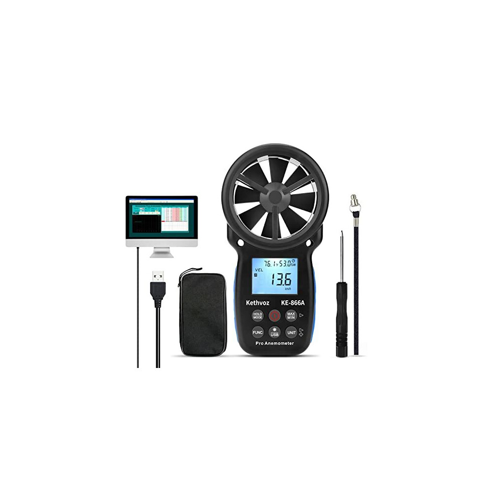Handheld Anemometer Wind Speed Meter, Kethvoz Cfm Air Velocity Tester W/ Thermometer Measure Windspeed Wind Flow Humidity Temperature For Hvac Dust 755361318928