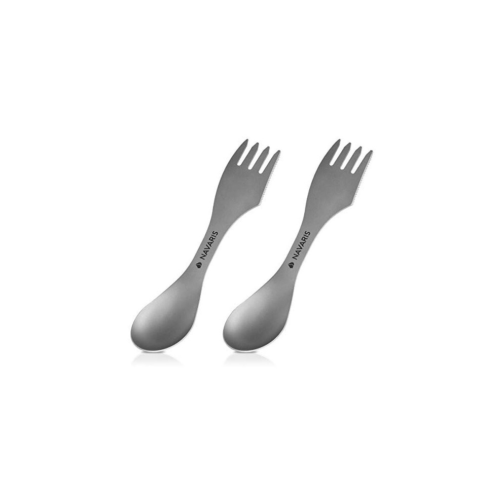 Navaris Titanium Spork Camping Utensils (Set of 2) - 3-in-1 Fork, Spoon, Knife Cutlery Combo - Metal Silverware for Backpacking, Hiking, Outdoors