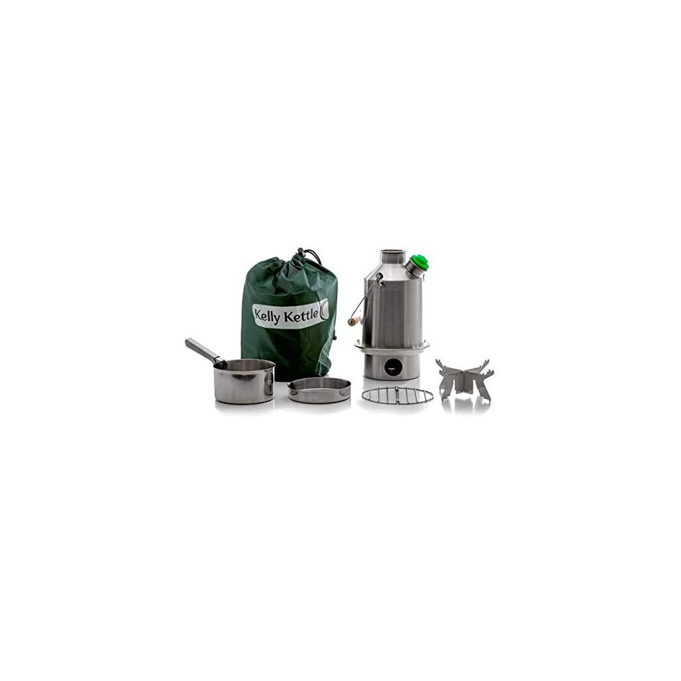 'Scout' Kelly Kettle? - BASIC KIT - All in Stainless Steel (1.2 ltr kettle + Green Whistle + Steel Cook Set + Steel Pot/Base Support | Boil Water &