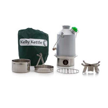 'Scout' Kelly Kettle? - BASIC KIT (1.2 ltr Anodised Aluminium Kettle + Upgraded Steel Fire-Base + Steel Cook Set + Steel pot support + Green Whistle)