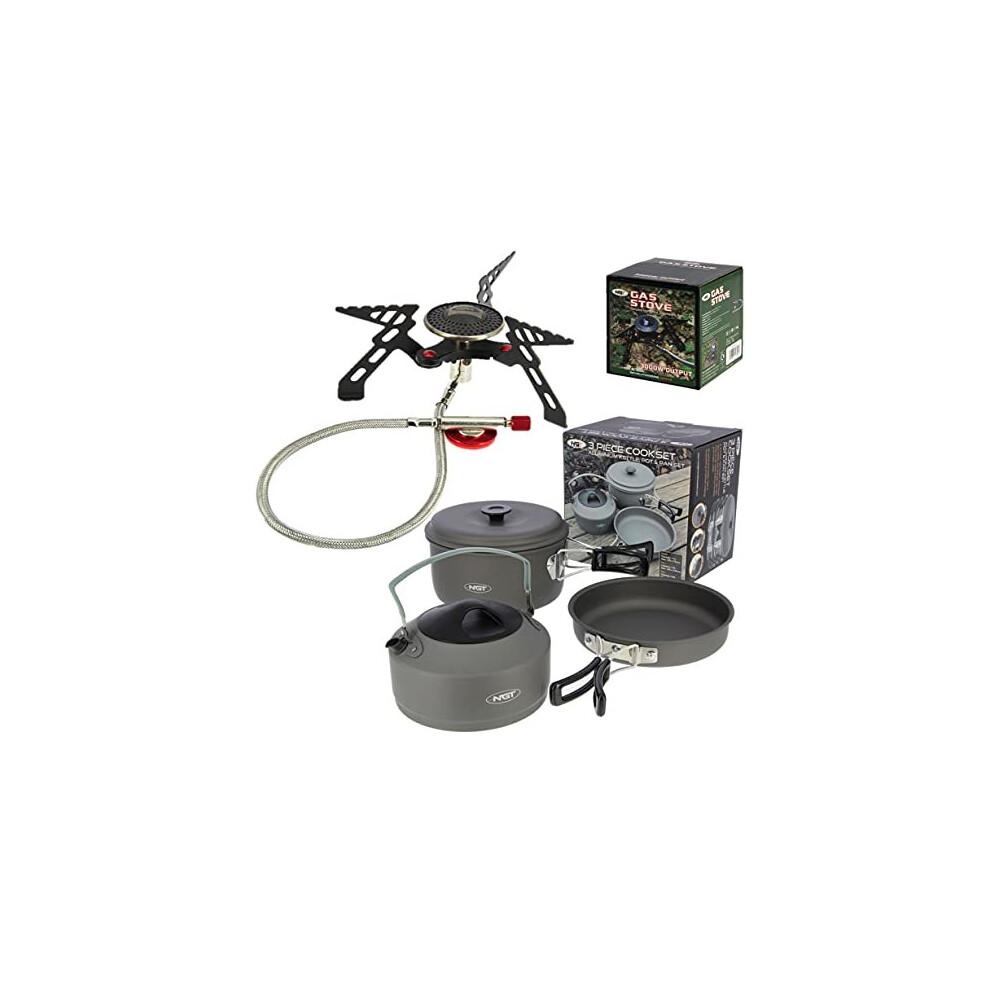 Angling Pursuits Ngt Fishing Gas Portable Stove Compact 3000W Output + Ngt 3Pc Outdoor Cook Set
