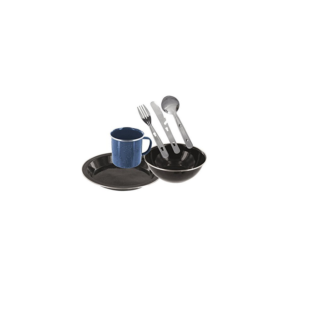 Enamel Camping Eating Set - Includes Knife, Fork, Spoon Set, Plate, Mug & Bowl (Black)