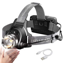 Zoomable LED Head Torch Headlamp, MALLSTAN IR Motion Sensor USB Rechargeable Headlight, Waterproof Helmet Light, 90? Rotatable Adjustable Head Lamp