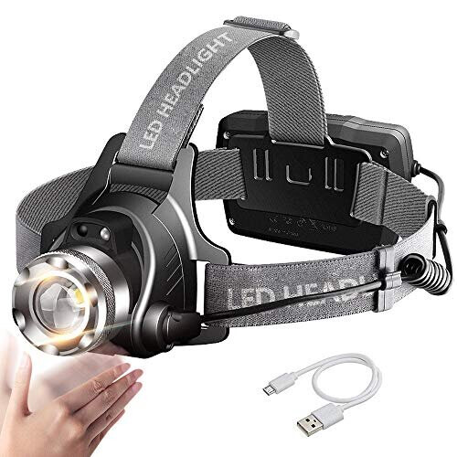 Zoomable LED Head Torch Headlamp, MALLSTAN IR Motion Sensor USB Rechargeable Headlight, Waterproof Helmet Light, 90? Rotatable Adjustable Head Lamp