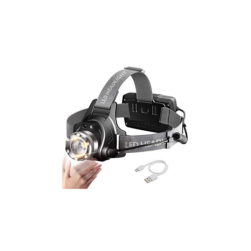 Zoomable LED Head Torch Headlamp, MALLSTAN IR Motion Sensor USB Rechargeable Headlight, Waterproof Helmet Light, 90? Rotatable Adjustable Head Lamp