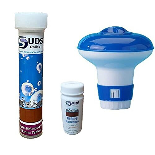 SUDS-ONLINE Small Dispenser with 10 Multifunctional Chlorine Tablets 20g + Test Strips