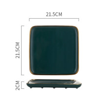 (a-Square Plate M) Wholesale Square Tableware Green Ceramic Dinner Plate Gold Porcelain Dessert Steak Snack Cake Plate Salad Soup Rice Bowl