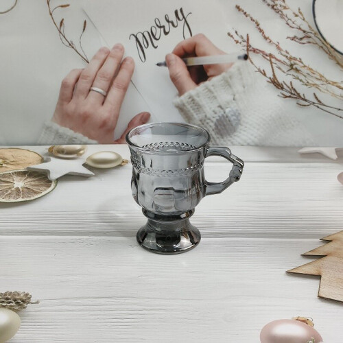 a Grey Vintage Relief Red Wine Glass with Handle Nordic Style Water Cup Luxury Coffee Juice Milk Tea Mug Kitchen Home Office Decoration