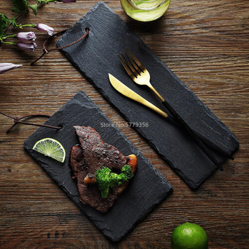(a-Round C) Natural Slate Dishes Solid Rectangle Stone Sushi Steak Barbecue Plate Cheese Pizza Flat Fruit Plate 1
