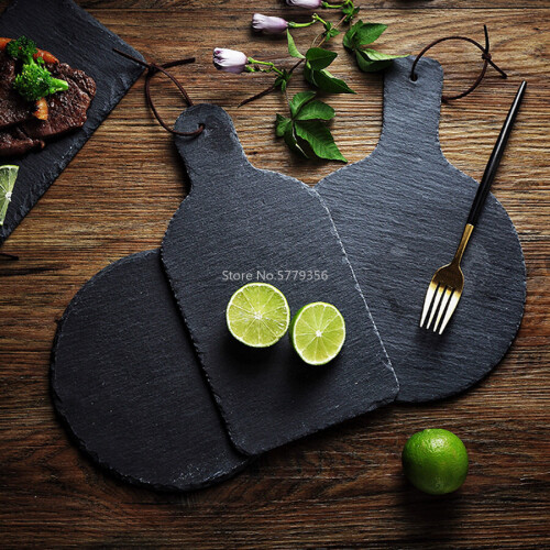 (a-Round C) Natural Slate Dishes Solid Rectangle Stone Sushi Steak Barbecue Plate Cheese Pizza Flat Fruit Plate 2