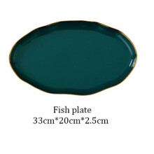 (a-Fish Plate) Royal Green Ceramic Tableware Set With Golden Inlay Porcelain Steak Fish Fruit Plate Salad Rice Noodle Bowl Spoon Fork Knife