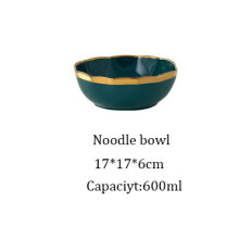 (a-Noodle Bowl) Royal Green Ceramic Tableware Set With Golden Inlay Porcelain Steak Fish Fruit Plate Salad Rice Noodle Bowl Spoon Fork Knife