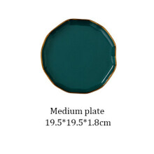 (a-Medium plate) Royal Green Ceramic Tableware Set With Golden Inlay Porcelain Steak Fish Fruit Plate Salad Rice Noodle Bowl Spoon Fork Knife