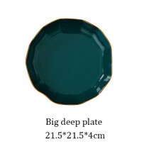 (a-Big Deep plate) Royal Green Ceramic Tableware Set With Golden Inlay Porcelain Steak Fish Fruit Plate Salad Rice Noodle Bowl Spoon Fork Knife