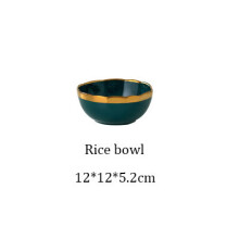 (a-Rice Bowl) Royal Green Ceramic Tableware Set With Golden Inlay Porcelain Steak Fish Fruit Plate Salad Rice Noodle Bowl Spoon Fork Knife