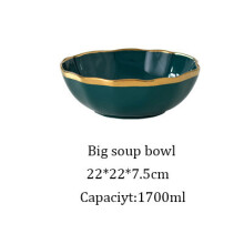 (a-Big Soup Bowl) Royal Green Ceramic Tableware Set With Golden Inlay Porcelain Steak Fish Fruit Plate Salad Rice Noodle Bowl Spoon Fork Knife