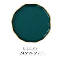 (a-Big Plate) Royal Green Ceramic Tableware Set With Golden Inlay Porcelain Steak Fish Fruit Plate Salad Rice Noodle Bowl Spoon Fork Knife