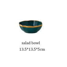 (a-Salad Bowl) Royal Green Ceramic Tableware Set With Golden Inlay Porcelain Steak Fish Fruit Plate Salad Rice Noodle Bowl Spoon Fork Knife