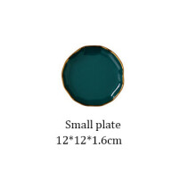 (a-Small Plate) Royal Green Ceramic Tableware Set With Golden Inlay Porcelain Steak Fish Fruit Plate Salad Rice Noodle Bowl Spoon Fork Knife