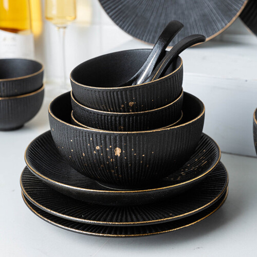 (a-E) Phnom Penh Household Kitchen Tableware European Creative Steak Plate Black Ceramic Dishes Spoon  Bowl Dish Flatware Set 2