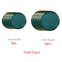 (a-12pcs) Gilt Rim Green Ceramic Plate Steak Food Plate Tableware Bowl Ins Dinner Dish High End Porcelain Dinnerware Set For Family Hotel