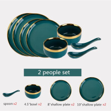 (a-2 people set(8pcs)) Gilt Rim Green Ceramic Plate Steak Food Plate Tableware Bowl Ins Dinner Dish High End Porcelain Dinnerware Set For Family Hotel