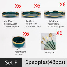 (a-Set F(48pcs)) Gilt Rim Green Ceramic Plate Steak Food Plate Tableware Bowl Ins Dinner Dish High End Porcelain Dinnerware Set For Family Hotel