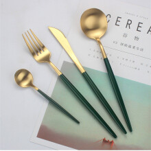 (a-Cutlery Set(4pcs)) Gilt Rim Green Ceramic Plate Steak Food Plate Tableware Bowl Ins Dinner Dish High End Porcelain Dinnerware Set For Family Hotel