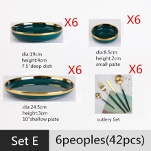 (a-Set E(42pcs)) Gilt Rim Green Ceramic Plate Steak Food Plate Tableware Bowl Ins Dinner Dish High End Porcelain Dinnerware Set For Family Hotel