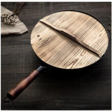 (a-Wooden cover and wok) Handmade Iron Pot 32CM Frying Pan Uncoated Health Wok Non-Stick Pan Gas Stove Induction Cooker Universal Wood Cover Iron Wok