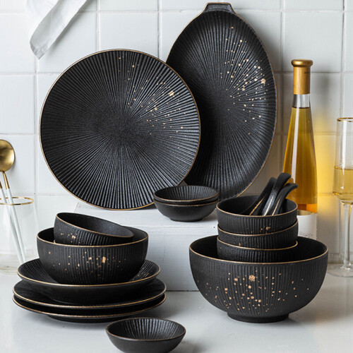 (a-E) Phnom Penh Household Kitchen Tableware European Creative Steak Plate Black Ceramic Dishes Spoon  Bowl Dish Flatware Set 1