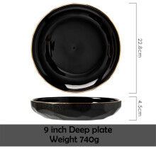 (a-9 Inch deep plate) Black Porcelain Dishes Plates for Food Dinner Set Plate Ceramic Steak Plate Salad Soup Bowl Dinnerware Set for Restaurant Hotel