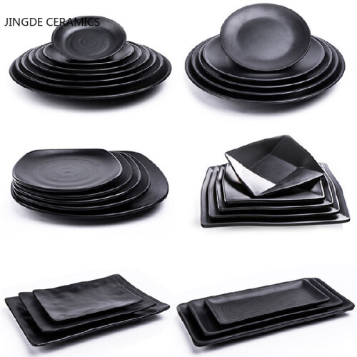 (a-D) Solid Black Food Grade Plastic Tableware Ceramic Plate Dish Dinnerware Restaurant Barbecue Steak Plates Household Dinner Dishes 1