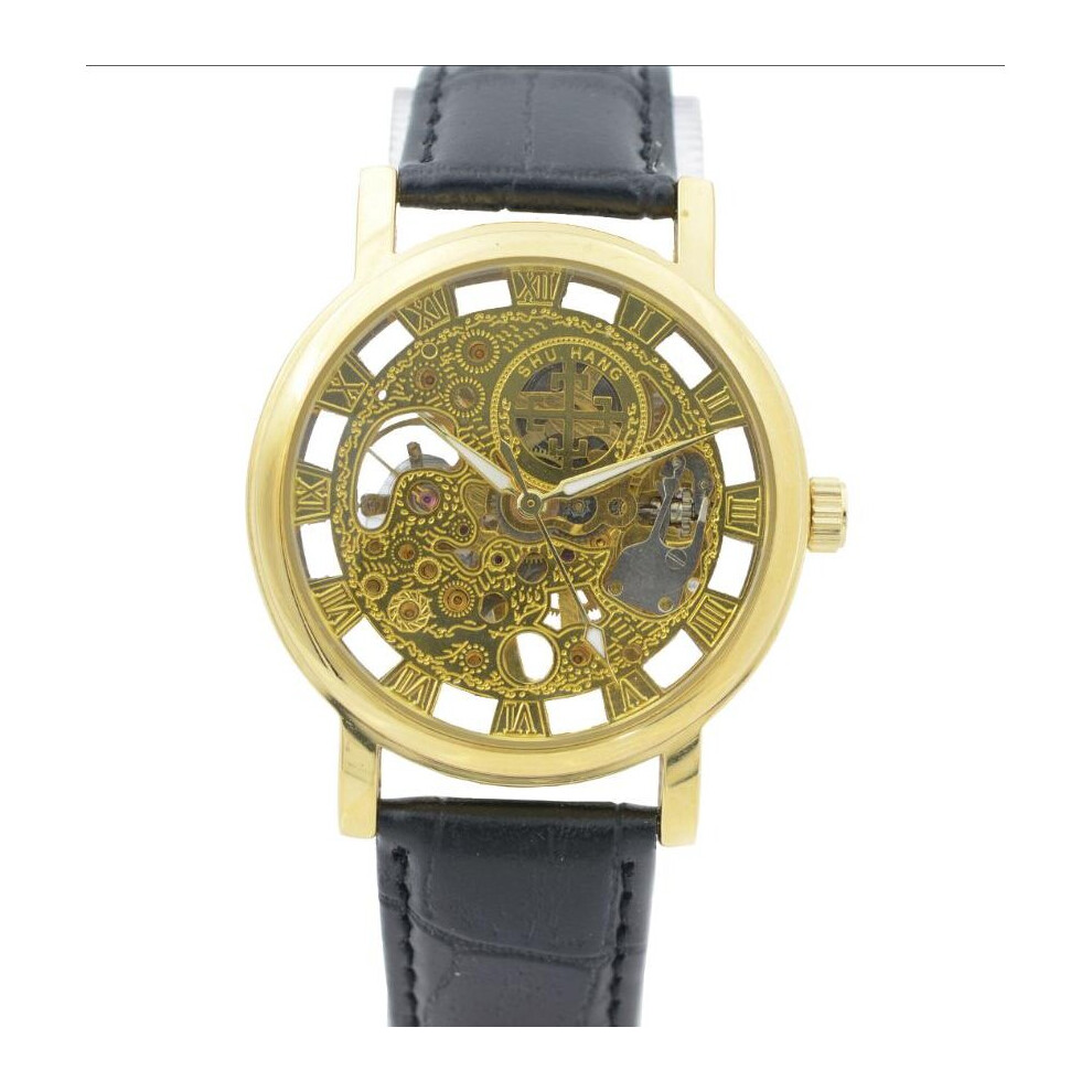 Golden Tone Hollow Skeleton Mens Lady Women Wind Up Mechanical Analog Wrist Watch Leather Band Gift Promotion-image-OPC-PBTJFDS-NEW