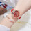 Diamond-Set Openwork Goldfish Dial Women's Leather Quartz Wristwatch 5