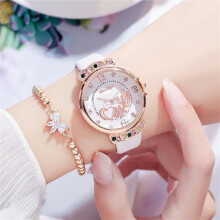 Diamond-Set Openwork Goldfish Dial Women's Leather Quartz Wristwatch