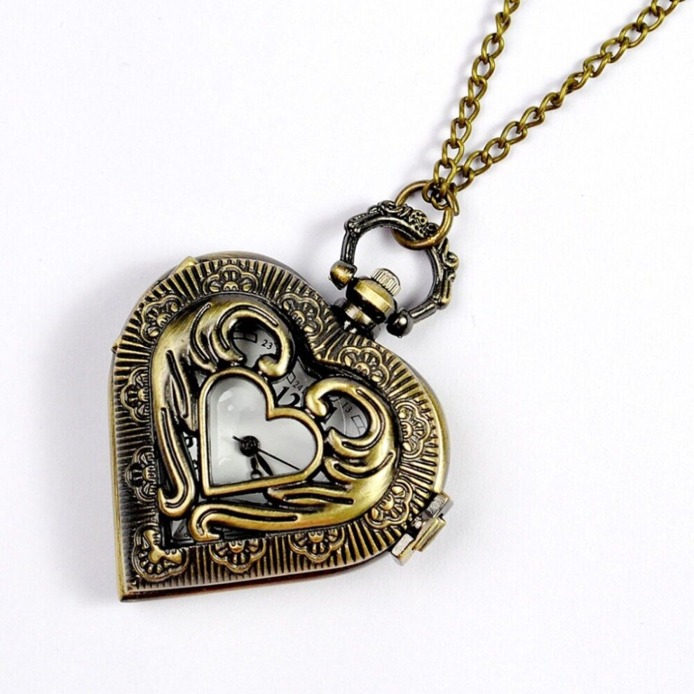 6092 Bronze Polished Heart Hollow Pocket Watch Retro Tiny Heart Shape Pedant Gift Watch Hot Casual Women LadiesChain Watch-image-OPC-PBTJKFH-NEW