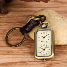 Old Dual Time Zone Clock Rectangle Shape Men Women Quartz Analog Pocket Watch Pendant Key Ring Timepiece Gift