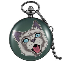 Harajuku Style Pocket Watch Boy Girl Cat Head Green Flip Cover Number Dial Thick Chain Small Clock Kitty Souvenir