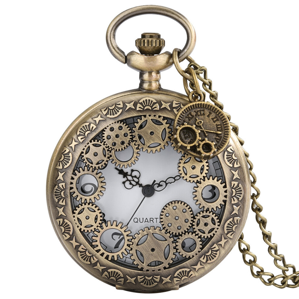 Hollow Gear Retro Pocket Watch Quartz Pendant Watches Gear Pattern Necklace Bronze Clock with Chain Gift with Gear Accessories-image-OPC-PBTJMPG-NEW