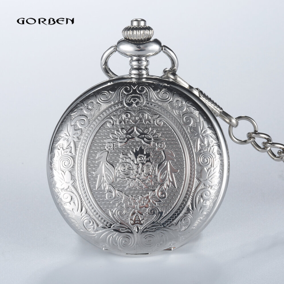 Sliver Pocket Watch Steampunk Men Quartz Pocket Roman Dial Watches Engraved Carving Case Fob Chain Male Pendant Necklace-image-OPC-PBTJN29-NEW